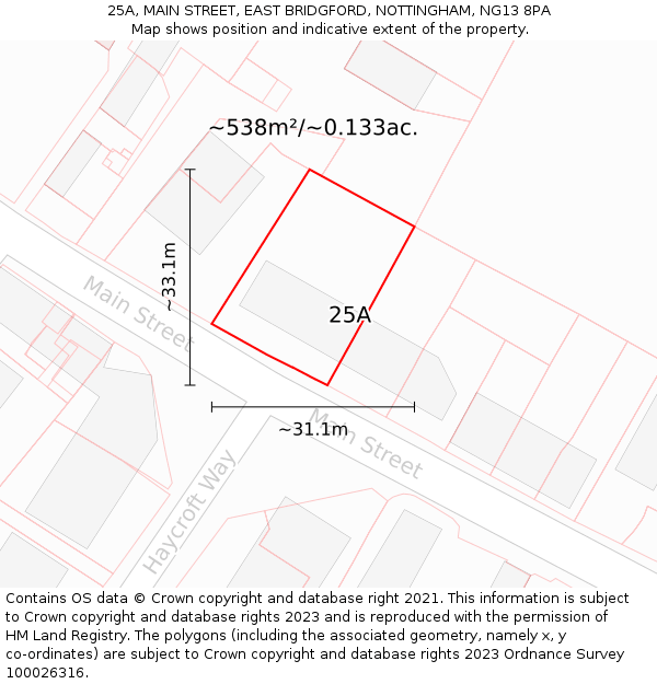 25A, MAIN STREET, EAST BRIDGFORD, NOTTINGHAM, NG13 8PA: Plot and title map