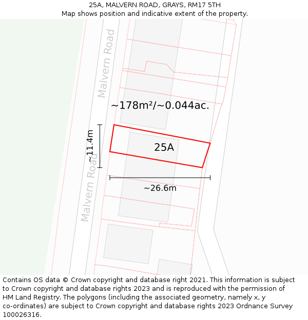 25A, MALVERN ROAD, GRAYS, RM17 5TH: Plot and title map