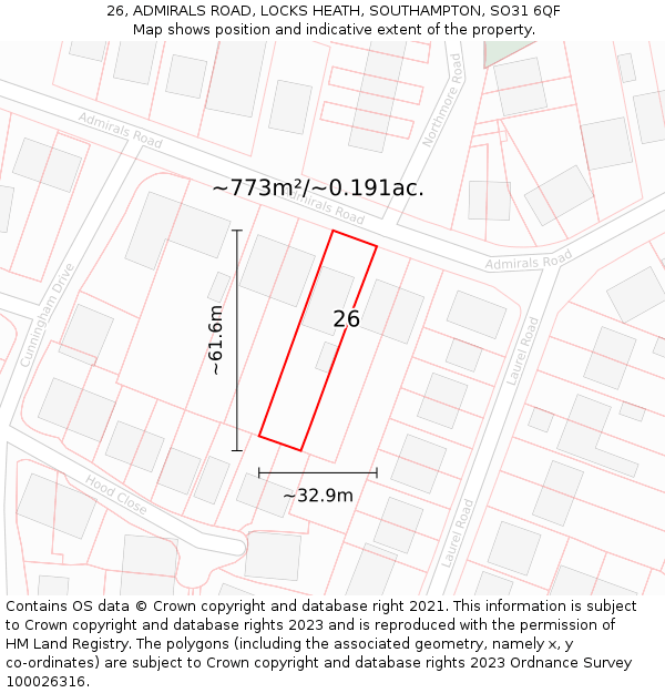 26, ADMIRALS ROAD, LOCKS HEATH, SOUTHAMPTON, SO31 6QF: Plot and title map