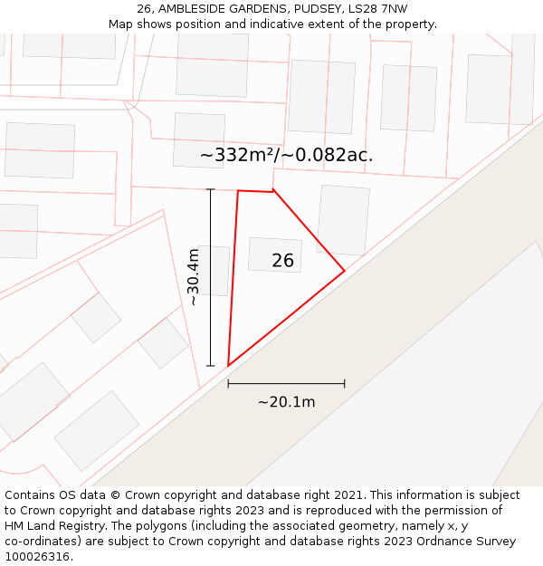 26, AMBLESIDE GARDENS, PUDSEY, LS28 7NW: Plot and title map