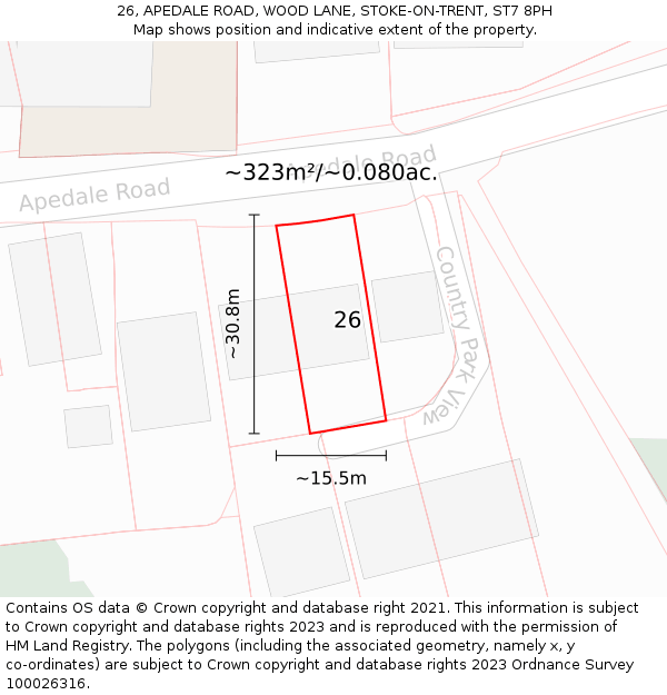 26, APEDALE ROAD, WOOD LANE, STOKE-ON-TRENT, ST7 8PH: Plot and title map