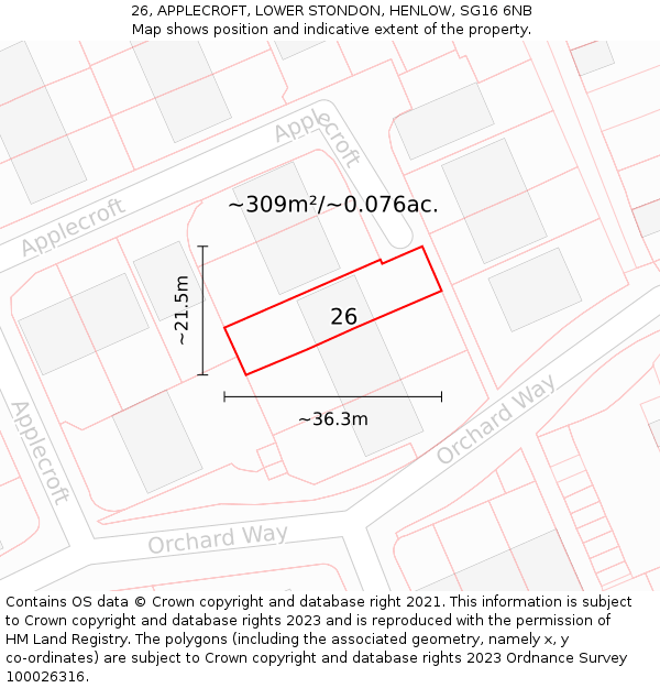 26, APPLECROFT, LOWER STONDON, HENLOW, SG16 6NB: Plot and title map