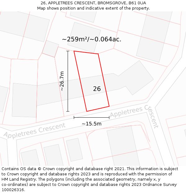 26, APPLETREES CRESCENT, BROMSGROVE, B61 0UA: Plot and title map