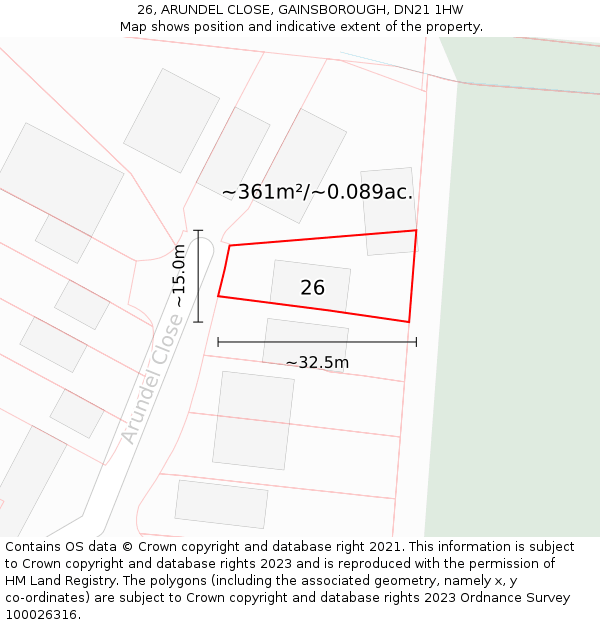 26, ARUNDEL CLOSE, GAINSBOROUGH, DN21 1HW: Plot and title map