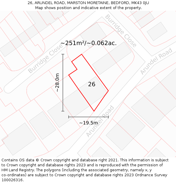 26, ARUNDEL ROAD, MARSTON MORETAINE, BEDFORD, MK43 0JU: Plot and title map