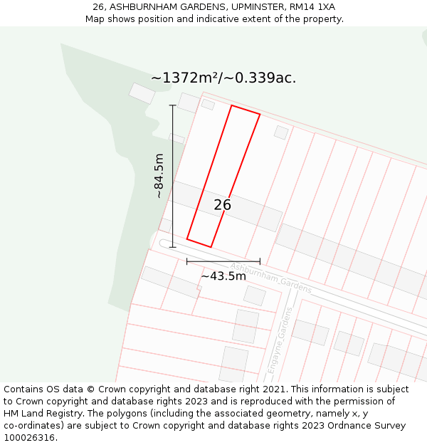 26, ASHBURNHAM GARDENS, UPMINSTER, RM14 1XA: Plot and title map