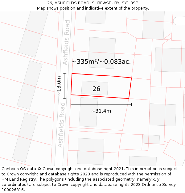 26, ASHFIELDS ROAD, SHREWSBURY, SY1 3SB: Plot and title map