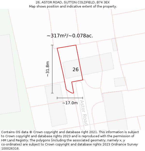 26, ASTOR ROAD, SUTTON COLDFIELD, B74 3EX: Plot and title map