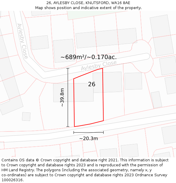 26, AYLESBY CLOSE, KNUTSFORD, WA16 8AE: Plot and title map