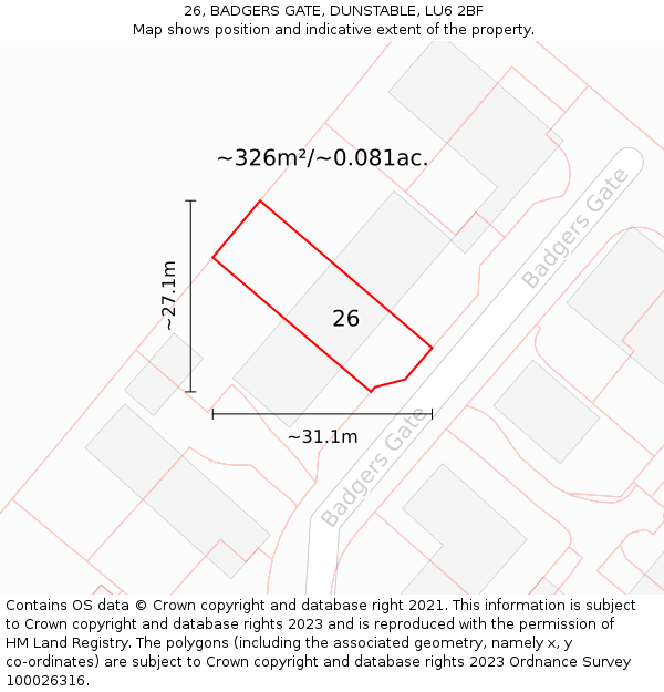 26, BADGERS GATE, DUNSTABLE, LU6 2BF: Plot and title map