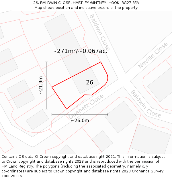 26, BALDWIN CLOSE, HARTLEY WINTNEY, HOOK, RG27 8FA: Plot and title map