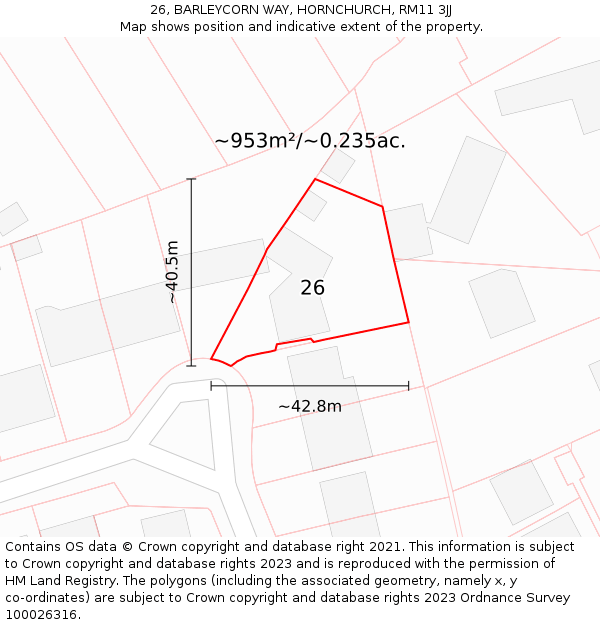 26, BARLEYCORN WAY, HORNCHURCH, RM11 3JJ: Plot and title map