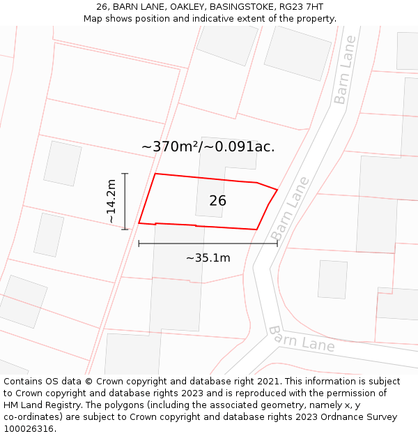26, BARN LANE, OAKLEY, BASINGSTOKE, RG23 7HT: Plot and title map