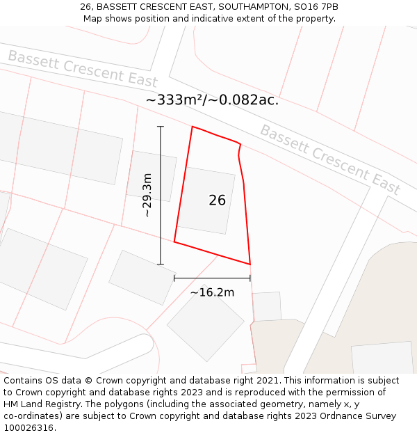 26, BASSETT CRESCENT EAST, SOUTHAMPTON, SO16 7PB: Plot and title map