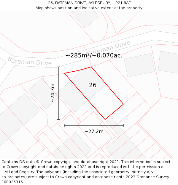 26, BATEMAN DRIVE, AYLESBURY, HP21 8AF: Plot and title map