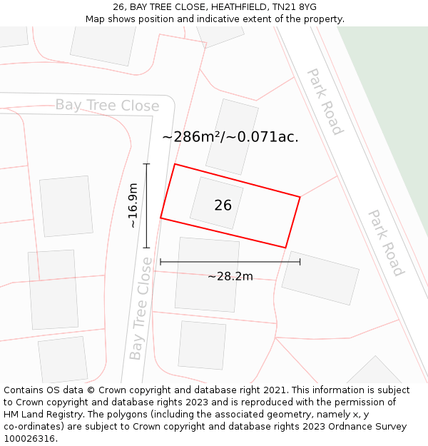 26, BAY TREE CLOSE, HEATHFIELD, TN21 8YG: Plot and title map