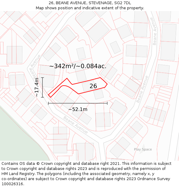 26, BEANE AVENUE, STEVENAGE, SG2 7DL: Plot and title map