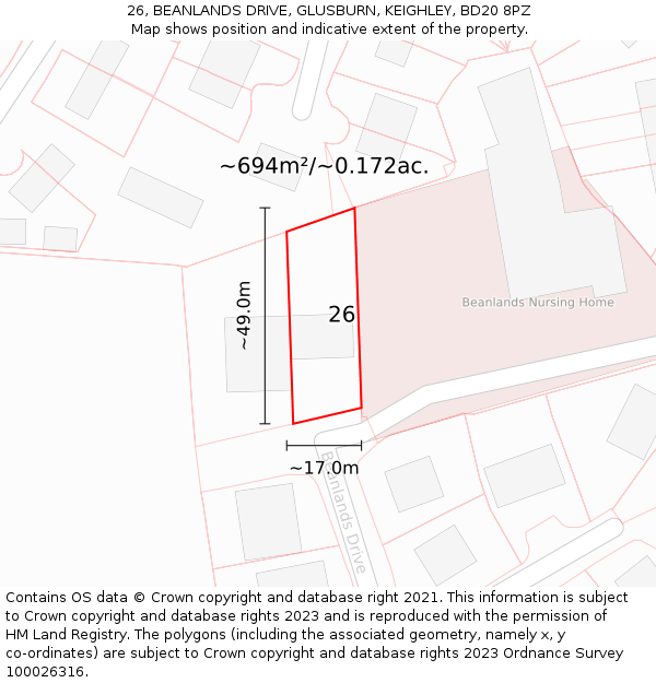 26, BEANLANDS DRIVE, GLUSBURN, KEIGHLEY, BD20 8PZ: Plot and title map