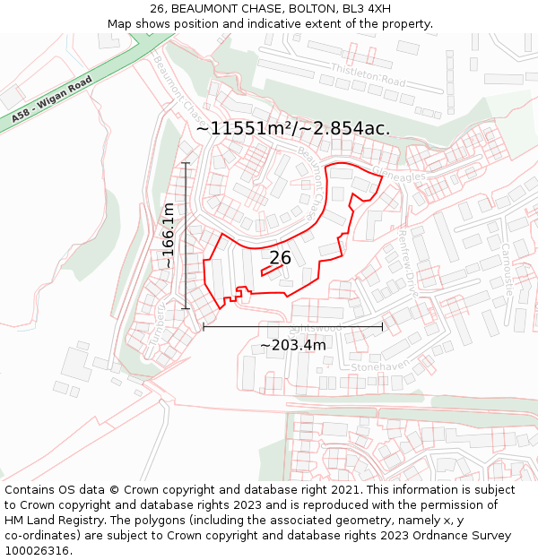 26, BEAUMONT CHASE, BOLTON, BL3 4XH: Plot and title map