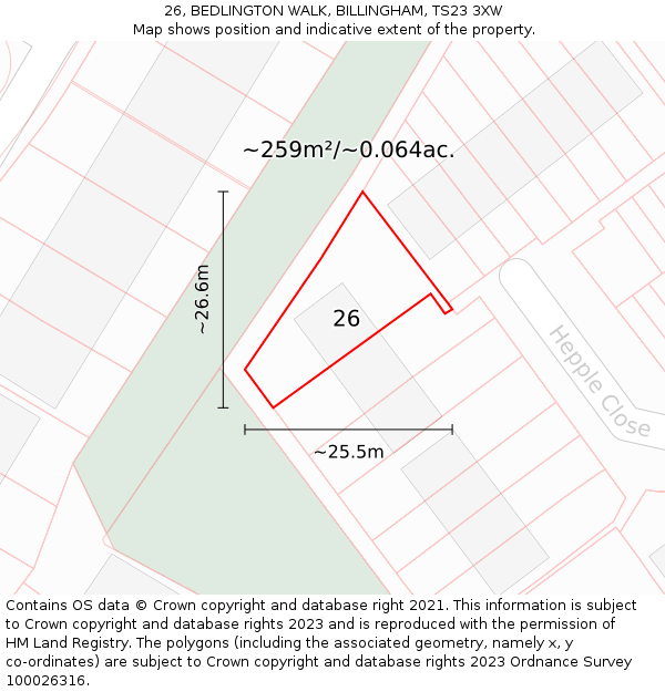 26, BEDLINGTON WALK, BILLINGHAM, TS23 3XW: Plot and title map