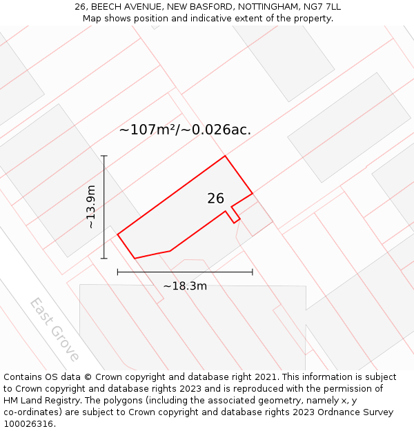 26, BEECH AVENUE, NEW BASFORD, NOTTINGHAM, NG7 7LL: Plot and title map