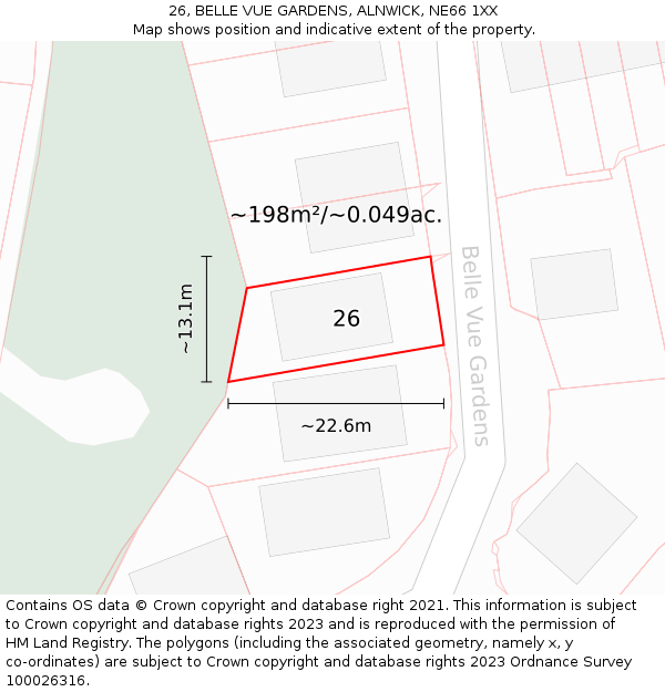 26, BELLE VUE GARDENS, ALNWICK, NE66 1XX: Plot and title map