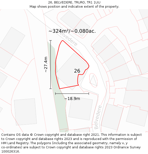 26, BELVEDERE, TRURO, TR1 1UU: Plot and title map