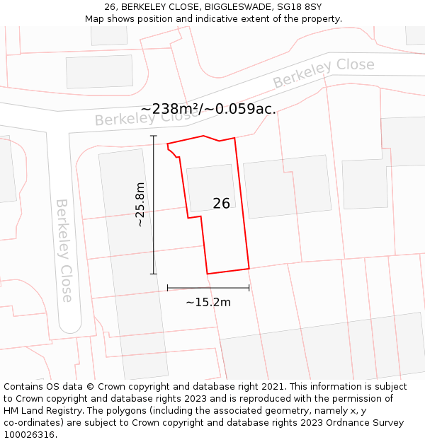 26, BERKELEY CLOSE, BIGGLESWADE, SG18 8SY: Plot and title map