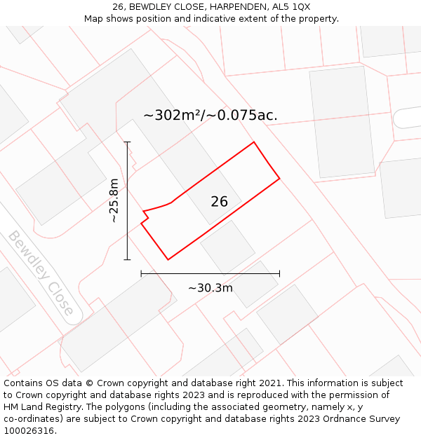 26, BEWDLEY CLOSE, HARPENDEN, AL5 1QX: Plot and title map