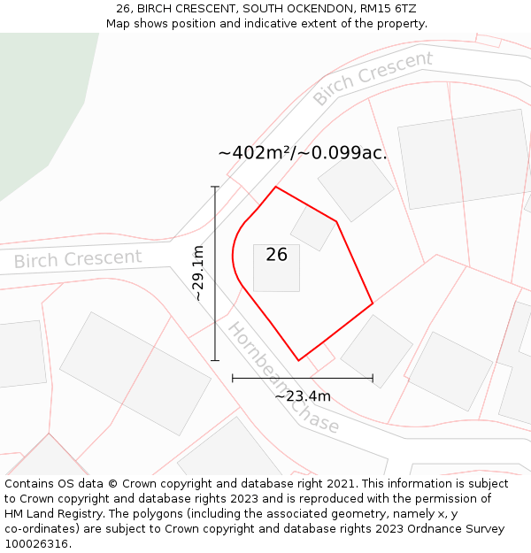 26, BIRCH CRESCENT, SOUTH OCKENDON, RM15 6TZ: Plot and title map