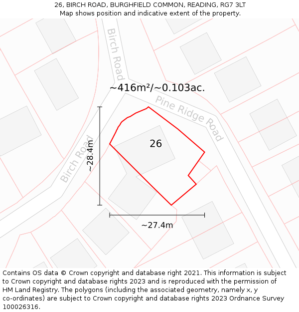 26, BIRCH ROAD, BURGHFIELD COMMON, READING, RG7 3LT: Plot and title map