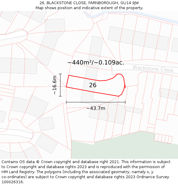26, BLACKSTONE CLOSE, FARNBOROUGH, GU14 9JW: Plot and title map