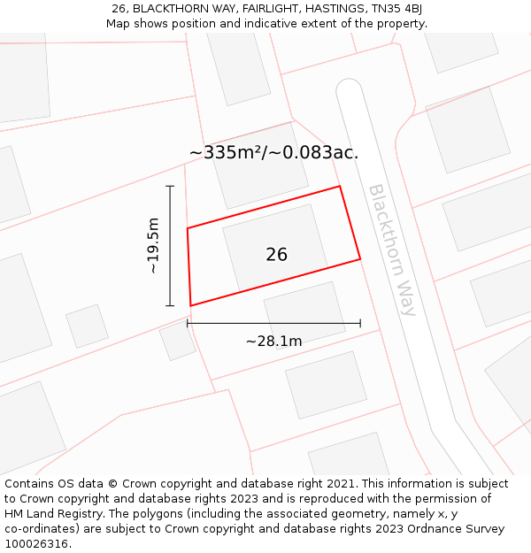 26, BLACKTHORN WAY, FAIRLIGHT, HASTINGS, TN35 4BJ: Plot and title map