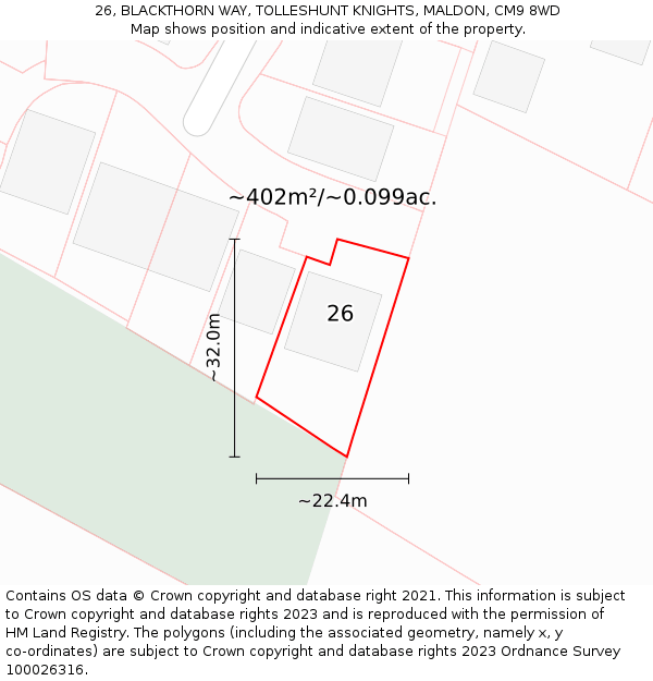 26, BLACKTHORN WAY, TOLLESHUNT KNIGHTS, MALDON, CM9 8WD: Plot and title map