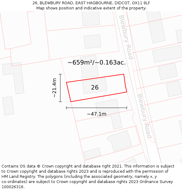 26, BLEWBURY ROAD, EAST HAGBOURNE, DIDCOT, OX11 9LF: Plot and title map