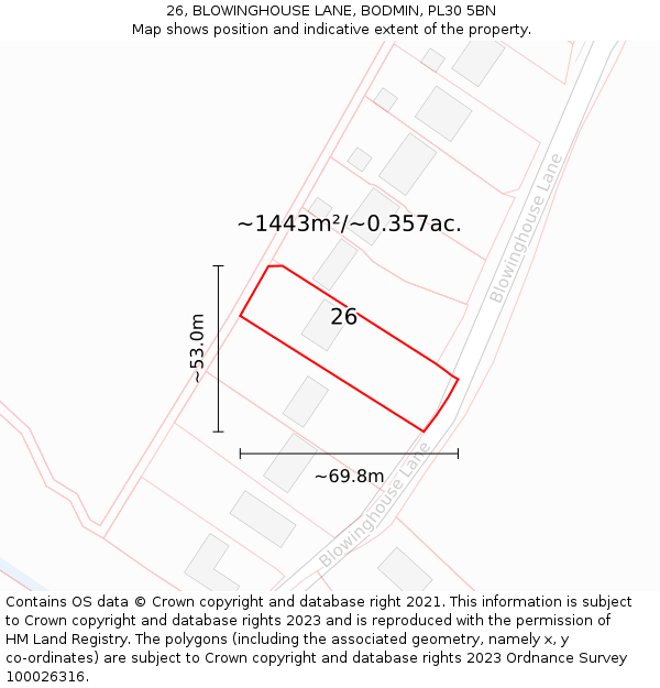 26, BLOWINGHOUSE LANE, BODMIN, PL30 5BN: Plot and title map