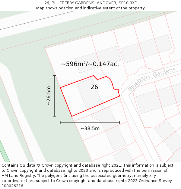 26, BLUEBERRY GARDENS, ANDOVER, SP10 3XD: Plot and title map