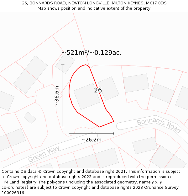 26, BONNARDS ROAD, NEWTON LONGVILLE, MILTON KEYNES, MK17 0DS: Plot and title map