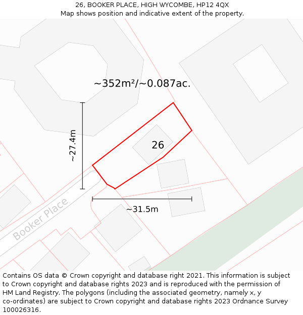 26, BOOKER PLACE, HIGH WYCOMBE, HP12 4QX: Plot and title map