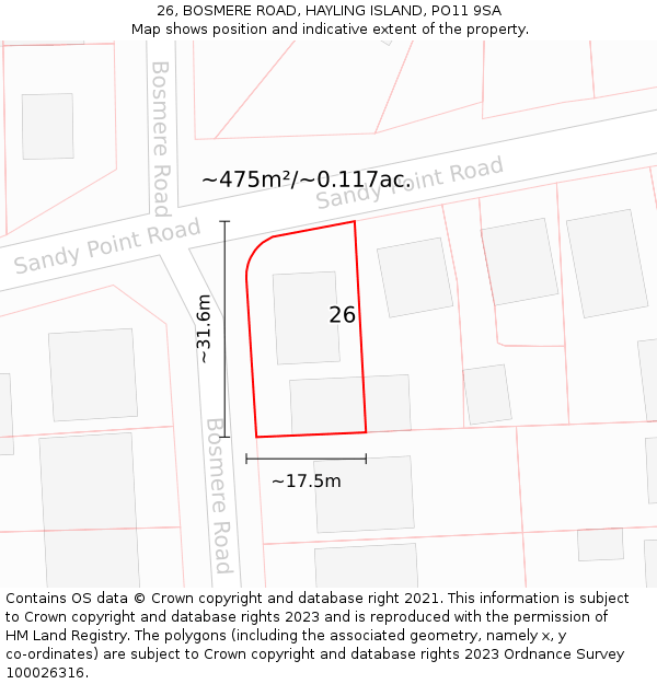 26, BOSMERE ROAD, HAYLING ISLAND, PO11 9SA: Plot and title map