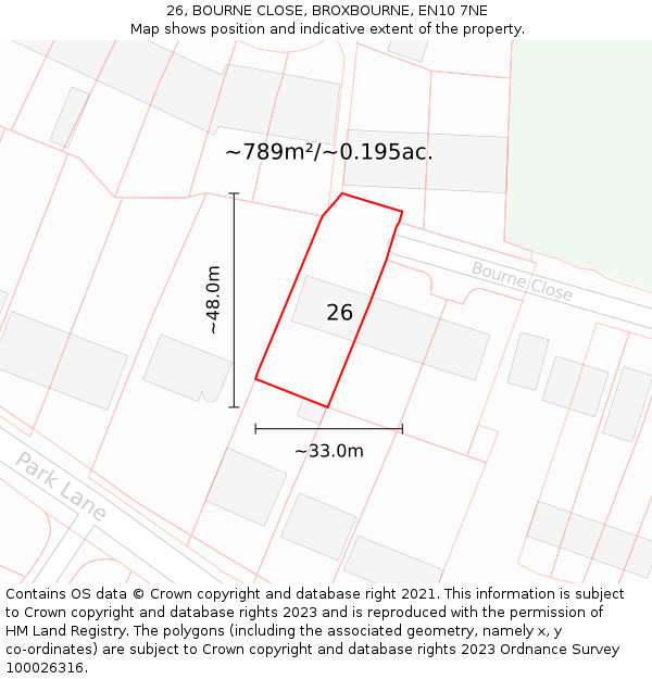 26, BOURNE CLOSE, BROXBOURNE, EN10 7NE: Plot and title map