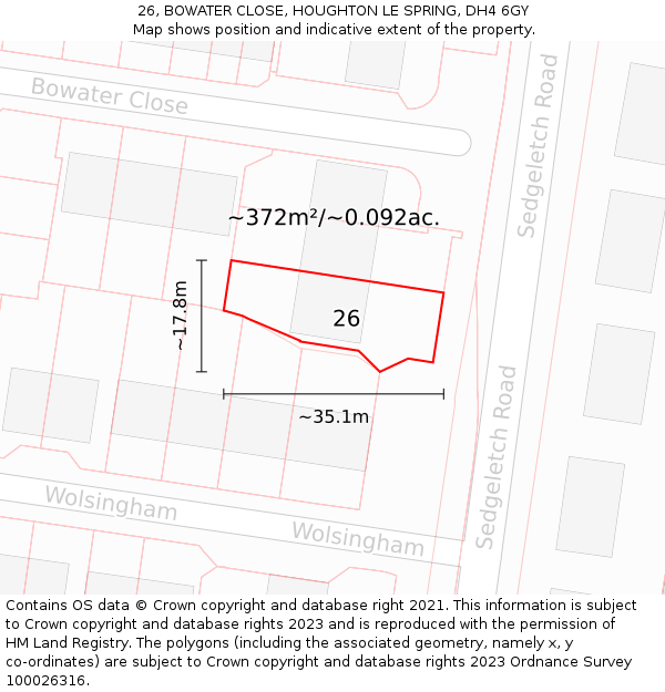 26, BOWATER CLOSE, HOUGHTON LE SPRING, DH4 6GY: Plot and title map