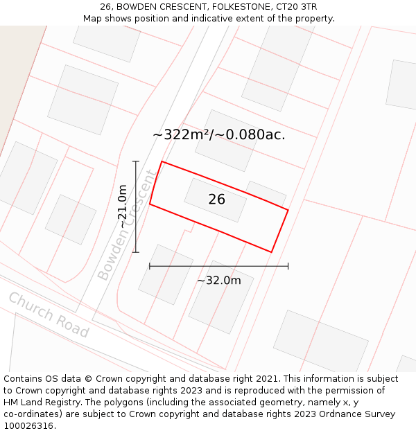 26, BOWDEN CRESCENT, FOLKESTONE, CT20 3TR: Plot and title map