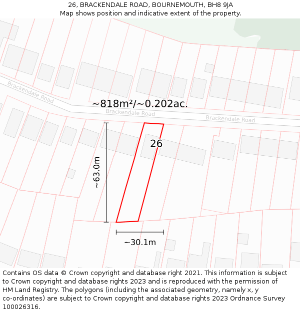 26, BRACKENDALE ROAD, BOURNEMOUTH, BH8 9JA: Plot and title map