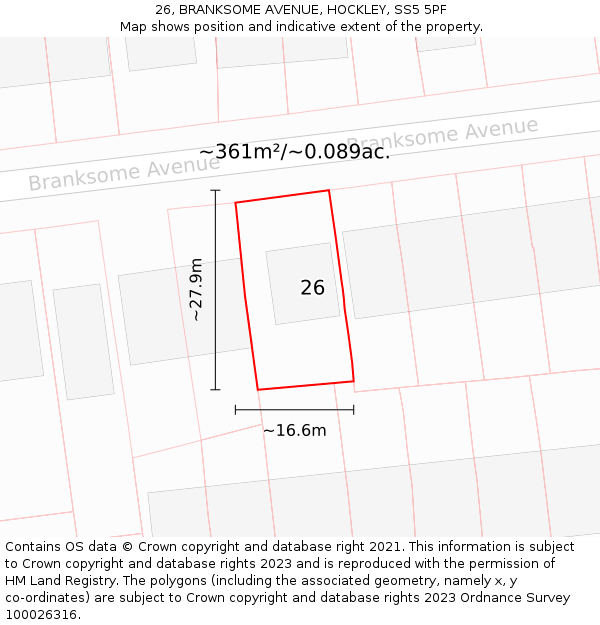 26, BRANKSOME AVENUE, HOCKLEY, SS5 5PF: Plot and title map