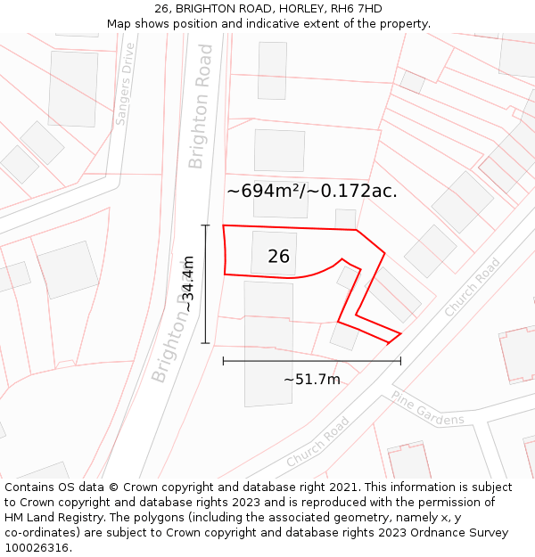 26, BRIGHTON ROAD, HORLEY, RH6 7HD: Plot and title map