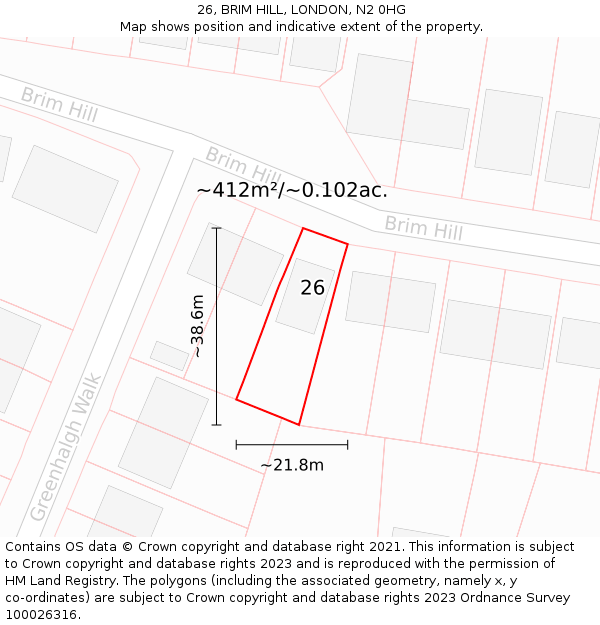26, BRIM HILL, LONDON, N2 0HG: Plot and title map