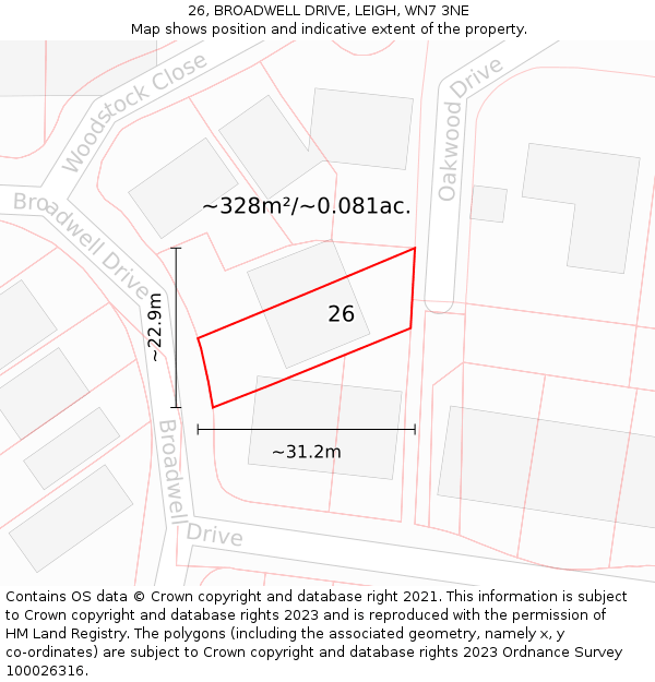 26, BROADWELL DRIVE, LEIGH, WN7 3NE: Plot and title map