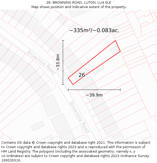 26, BROWNING ROAD, LUTON, LU4 0LE: Plot and title map
