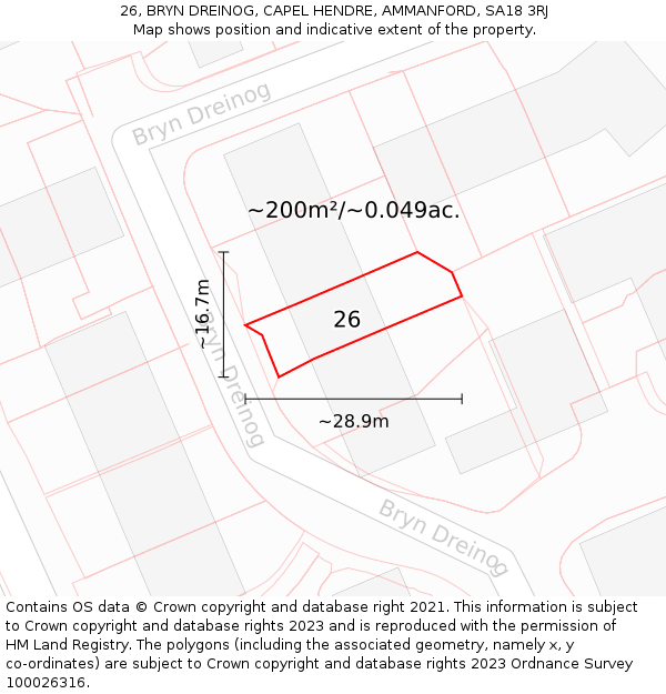 26, BRYN DREINOG, CAPEL HENDRE, AMMANFORD, SA18 3RJ: Plot and title map